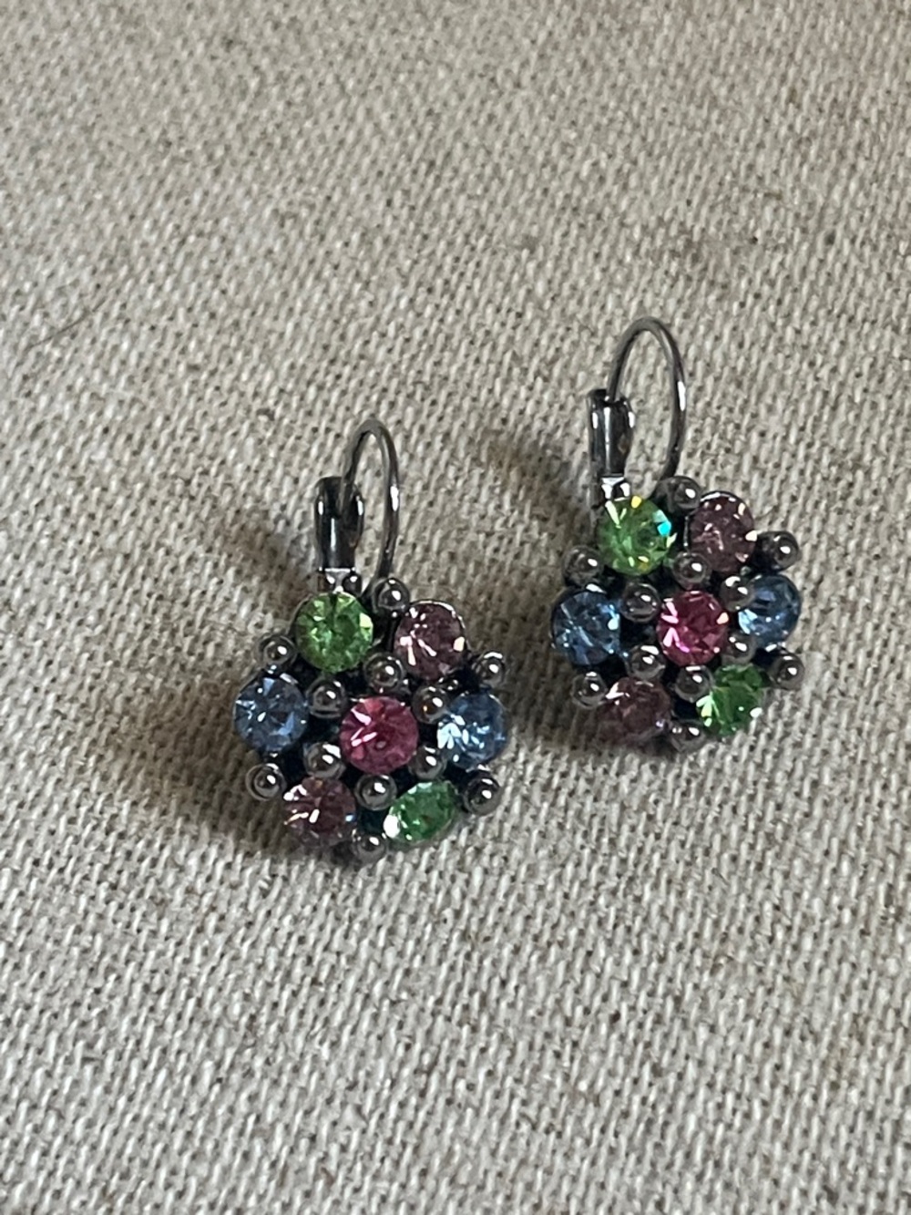Multicolor Crystal Cluster Drop Earrings — Pink, Blue & Green